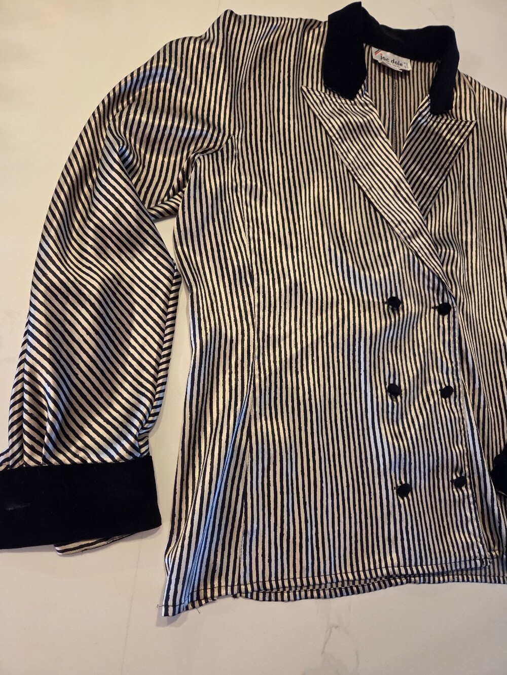 Vintage Striped Double-Breasted Satin Blouse with Black Velvet Trim